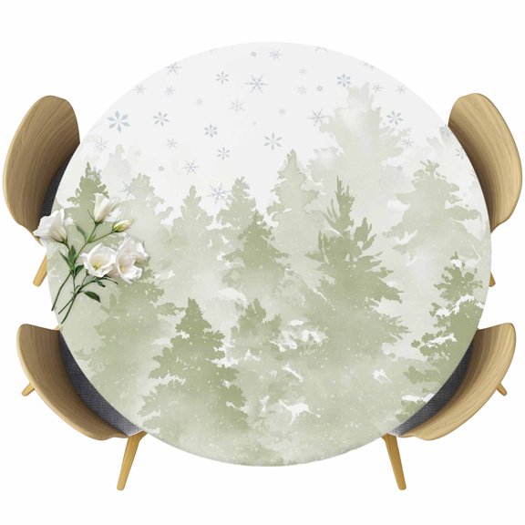 Sage Green Christmas Table Cloth, Round Fitted Tablecloths with Elastic Edge, Winter Snowflake Abstract Forest Tree Wipeable Waterproof Table Cover for Kitchen Wedding 45-54 Inches