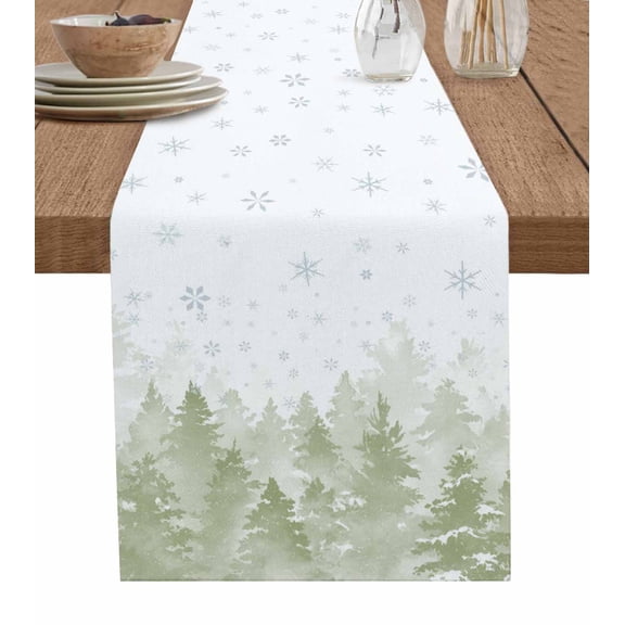 Sage Green Christmas Table Runner 48 Inches, Winter Snowflake Abstract Forest Tree Bed Runner Dresser Scarves Tabletop for Indoor Outdoor Parties/Ceremony/Banquet, 13" x 48"