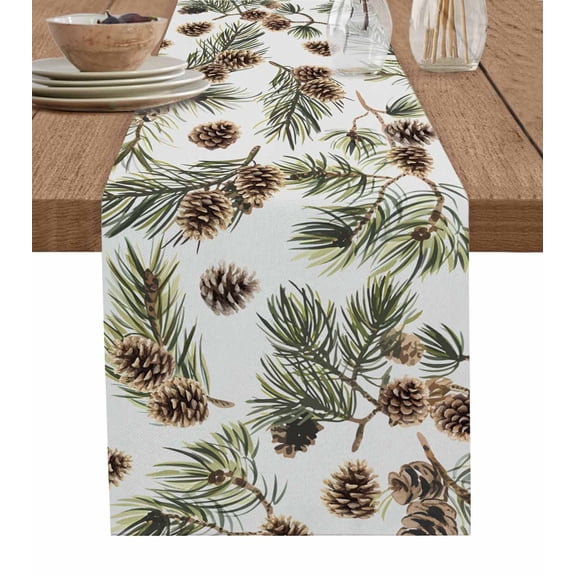 Sage Green Christmas Table Runner 72 Inches, Xmas Botanical Pine Cones Bed Runner Dresser Scarves Tabletop for Indoor Outdoor Parties/Ceremony/Banquet, 14" x 72"