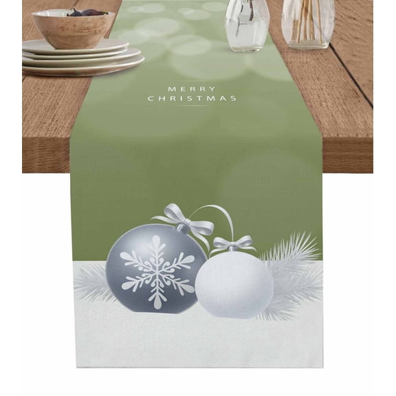 Sage Green Christmas Table Runner 90 Inches, Xmas Balls Pine Needles Snowflakes Bed Runner Dresser Scarves Tabletop for Indoor Outdoor Parties/Ceremony/Banquet, 13" x 90"