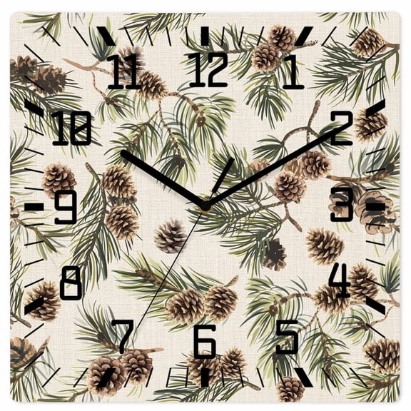 Sage Green Christmas Wooden Wall Clock Silent Non Ticking, Rustic Pine Cones Xmas Botanical Square Wall Clocks Battery Operated, Decor Clock for Home Office, Living Room, Kitchen, 12 Inch