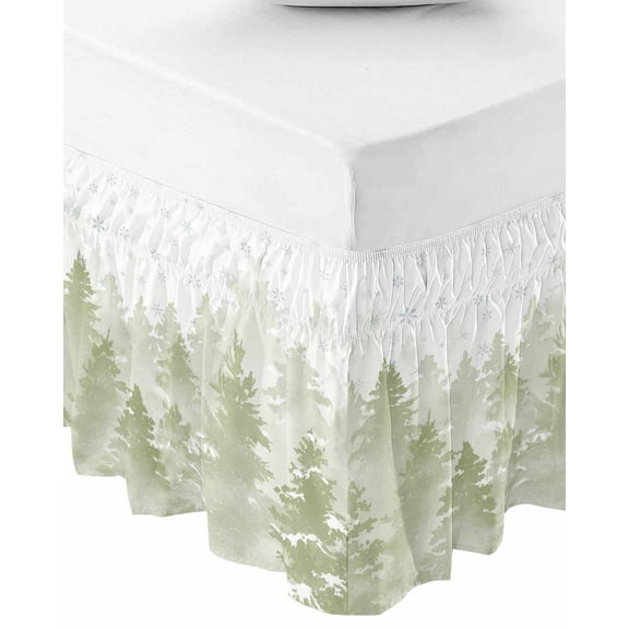 Sage Green Christmas Wrap Around Bed Skirts for Queen Bed 18" Drop,Bed Skirt with Adjustable Elastic Belt Bedroom Dust Ruffle Bed Valance Hotel Winter Snowflake Abstract Forest Tree Bed Frame Cover