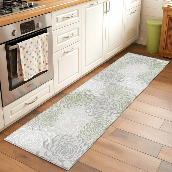 Sage Green Chrysanthemum Area Rugs 2x6 for Kitchen Runner Rug, Farmhouse Botanical Floral Modern Non Slip Washable Rug Runner, Low Pile Indoor Floor Carpet Mat Bathroom Rugs for Bedroom, Kids Room