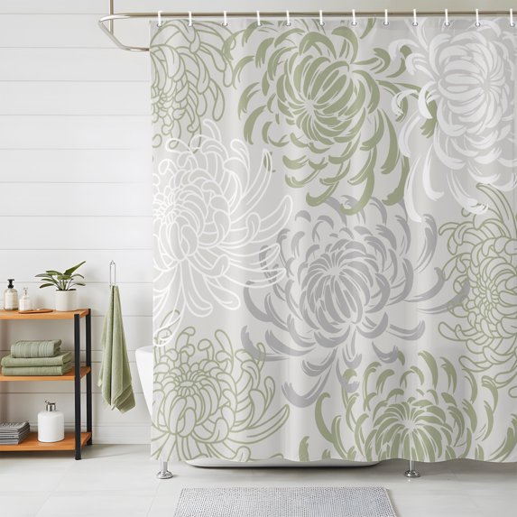 Sage Green Chrysanthemum Shower Curtains for Bathroom, Farmhouse Botanical Floral Modern Waterproof Fabric Shower Curtain, Decorative Bathroom Curtain for Bathtub, 72"x78" , No Hooks Included