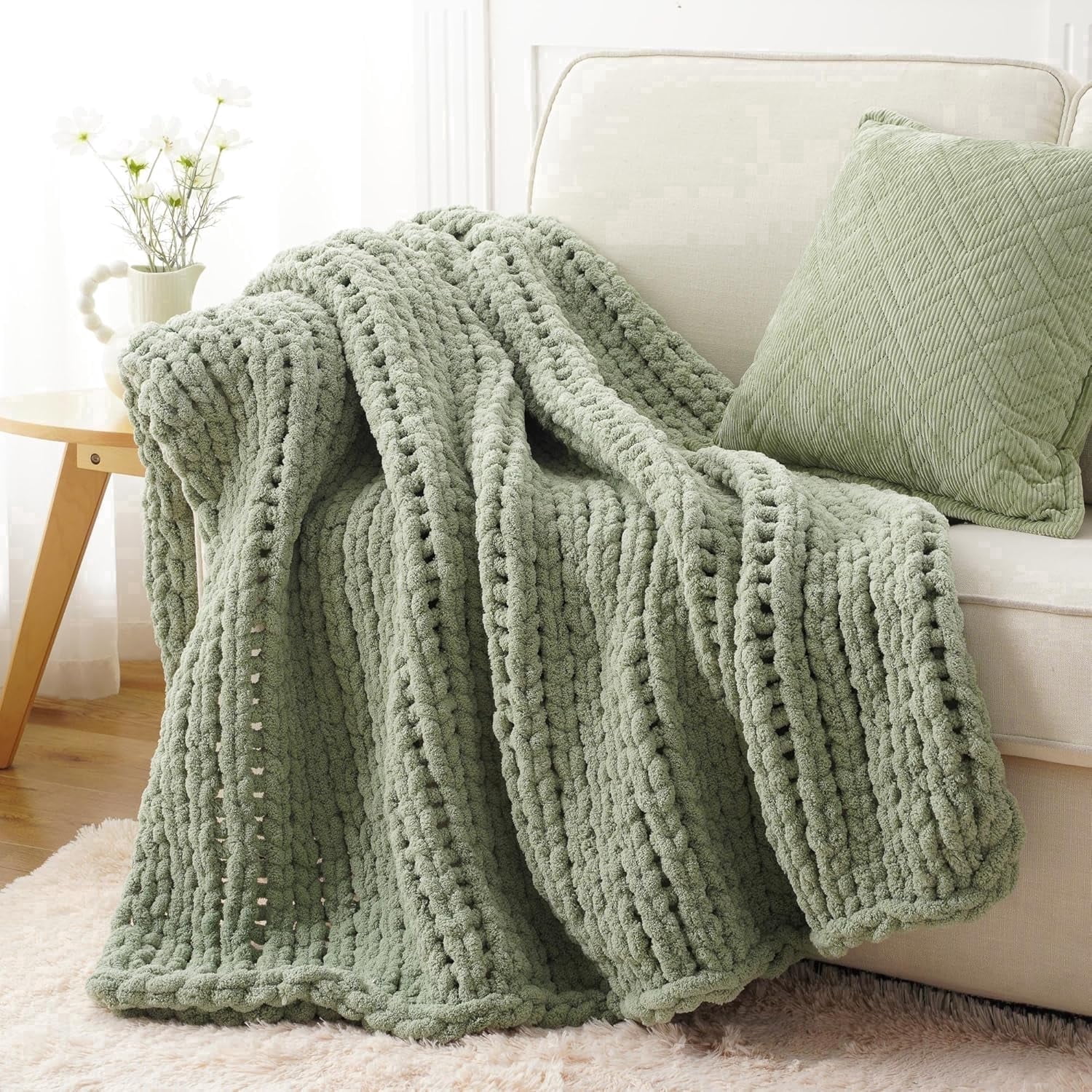 Battilo Sage Green Chunky Knit Throw Blanket,Thick Chenille Throw Blankets for Living Room,50"x60"