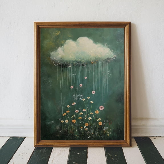 Sage Green Cloud Wall Print, Cozy Rainy Landscape Art, Vintage Wildflower Cottagecore Wall Decor, Size 8x12 UNFFRAMED