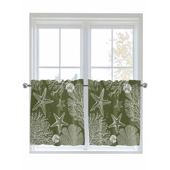 Sage Green Coastal 2 Panel Kitchen Curtains for Small Windows, Starfish Coral Summer Beach Ocean Bathroom Tier Curtain, Short Window Treatment for Bedroom/Living Room 55"x36"