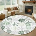 thumbnail image 1 of Sage Green Coastal 5ft Round Rug, Summer Beach Coral Shell Ocean Non-Skid Rubber Backing Large Area Rugs - Living Room Bedroom Home Office, Indoor Floor Mat Carpets Washable Rug, 1 of 9