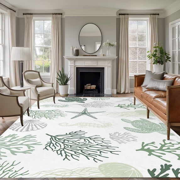 Sage Green Coastal Area Rug 6x9 FT, Non Slip Living Room Throw Carpet, Nautical Summer Beach Coral Sea Turtle Washable Soft Large Floor Carpet Non-Shedding Rug for Bedroom Dining Room Play Room