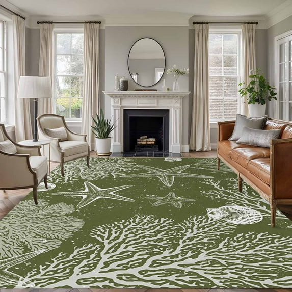 Sage Green Coastal Area Rugs 6'x9', Washable Small Throw Rugs for Kitchen Dining room, Starfish Coral Summer Beach Ocean Indoor Outdoor Rug Non-Slip Low Pile Carpet Runner Reversible Floor Mats