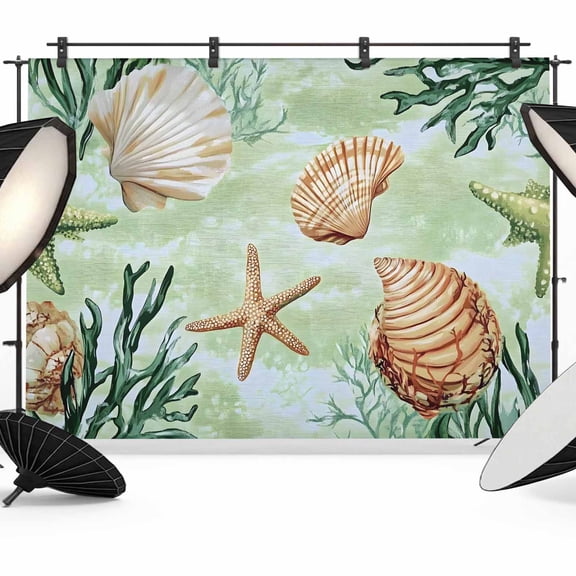 Sage Green Coastal Backdrop for Photography, Fabric Photo Background Backdrop, Summer Ocean Starfish Shell Photo Booth Background for Portrait Photoshoot Video Wedding Studio Decoration Banner 7x5ft