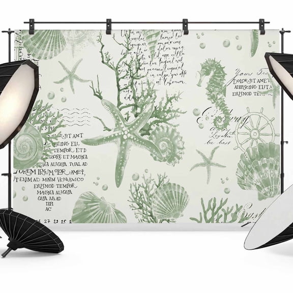 Sage Green Coastal Backdrop for Photoshoot,Photography Photo Studio Background Wall Backdrop,Coral Starfish Nautical Compass Back Drop Banner Panel for Portraits Wedding Party Live Streaming 7x5Ft