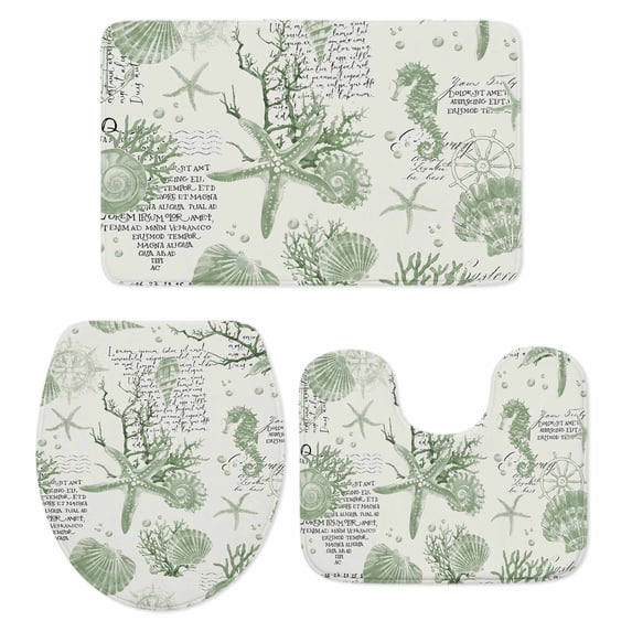Sage Green Coastal Bath Mat 3 Piece Bathroom Rug Set, Coral Starfish Nautical Compass Non Slip Bath Rug Contour Mat and Toilet Lid Cover, Absorbent Shower Mats Soft Bath Rugs and Mats Sets
