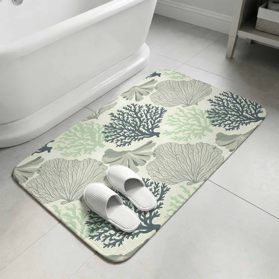 Sage Green Coastal Bathroom Rugs Non Slip Washable Bath Mat Absorbent Low Pile Front Door Mat Summer Coral Beach Nautical Indoor Doormat for Kitchen Entryway Shower Decor Accessories 15.7"x23.6"