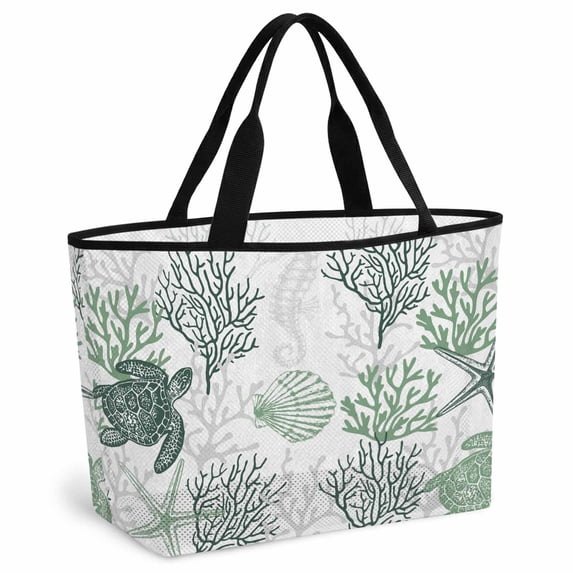 Sage Green Coastal Beach Bag for Women,Large Breathable Mesh Beach Tote Bag,Sea Turtle Nautical Coral Summer Beach Sandproof Lightweight Travel Bags for Vacation Picnic Swimming Pool 15.7"x15.7"x9.1"