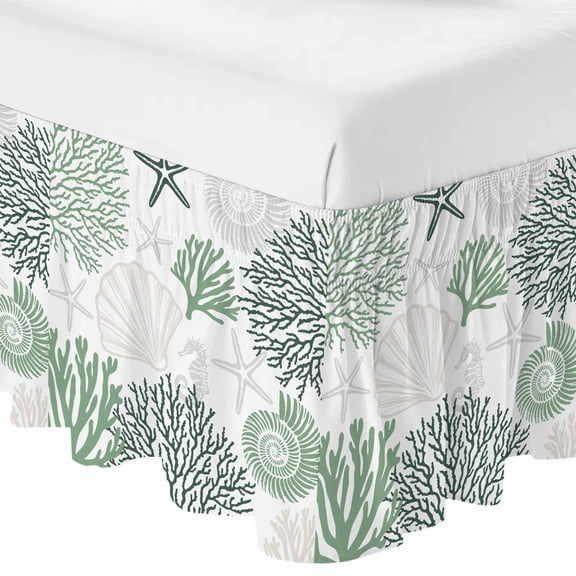 Sage Green Coastal Bed Skirt Cal King Size 18 Inch Drop, Adjustable & Elastic Wrap Around Bed Skirts Pleated Dust Ruffles For Twin Full Queen Cal King Base Beds, Ocean Coral Starfish Shell Seahorse