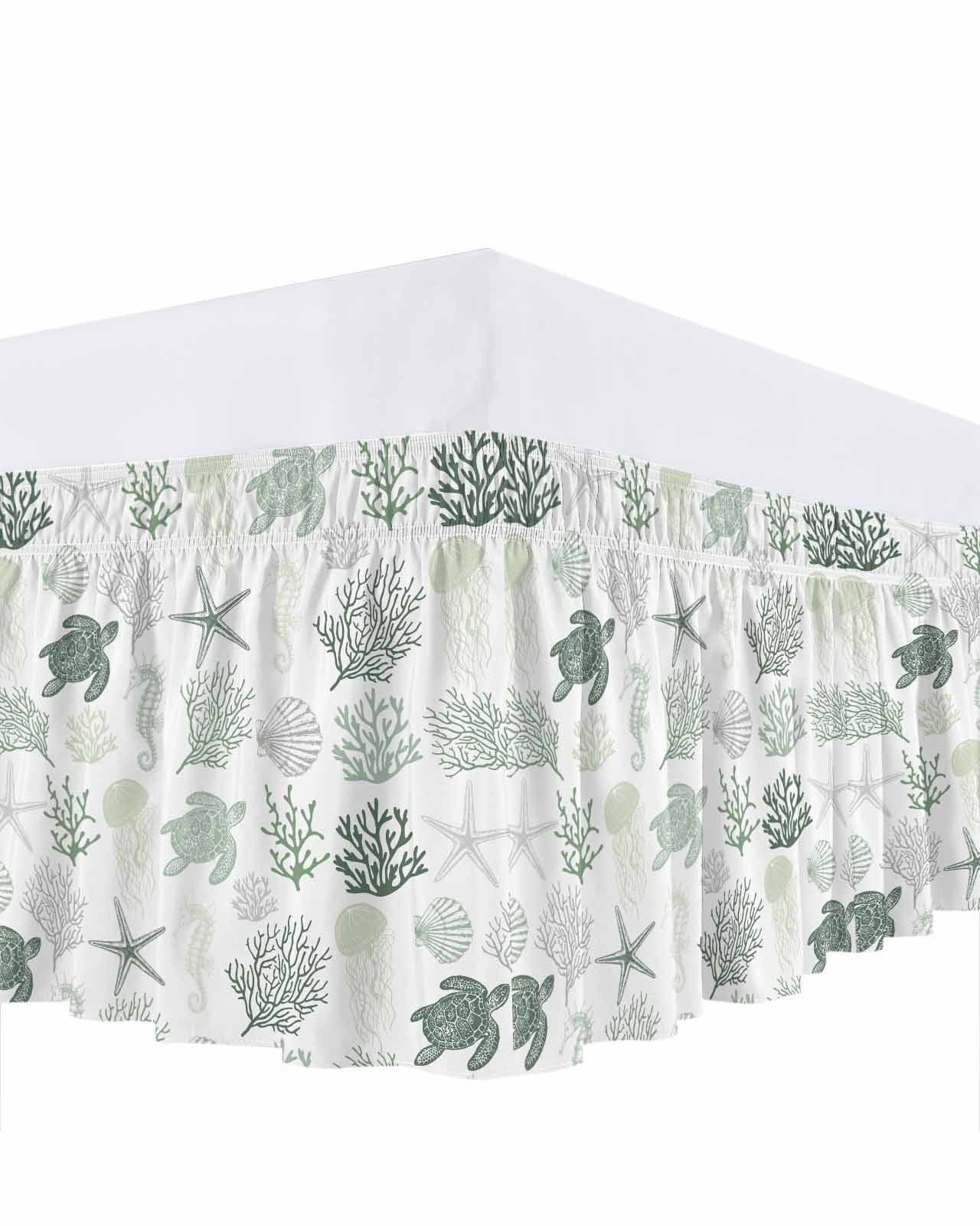 Sage Green Coastal Bed Skirt Queen Size, Nautical Summer Beach Coral Sea Turtle Wrap Around Bed Skirting with Adjustable Elastic Strap, Dust Ruffle Pleated Bedskirts 16 Inch Drop for Bedroom Beds