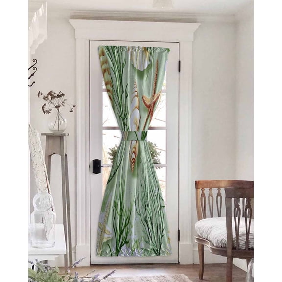 Sage Green Coastal Blackout Curtains French Door Curtains for Door Window, Summer Ocean Seaweed Shell Privacy Drapery for Patio/Sidelight Doors, 1 Panel with Tieback, 54 x 72 Inches
