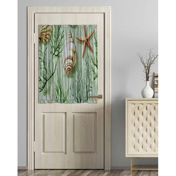Sage Green Coastal Blackout Curtains French Door Curtains for Door Window, Summer Ocean Seaweed Shell Privacy Drapery for Patio/Sidelight Doors, 1 Panel with Tieback, 54 x 40 Inches