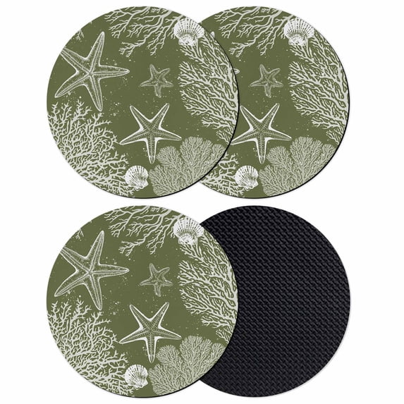 Sage Green Coastal Coasters Set of 4, Absorbent Coasters for Drinks, Starfish Coral Summer Beach Ocean Coaster for Desk Coffee Table Protection, Home Decor House Warming Gifts 4"