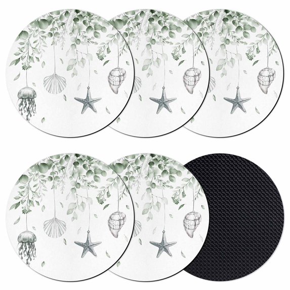 Sage Green Coastal Coasters Set of 6, Summer Eucalyptus Leaves Beach Ocean Starfish Conch Absorbent Coasters for Drinks, Coaster for Bar Office Dining Coffee Table Decor, Non Slip Round Desk Coaster