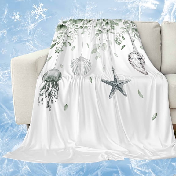 Sage Green Coastal Cooling Blanket,Summer Throw Blanket with Double Sided Cold Effect,Summer Eucalyptus Leaves Beach Ocean Starfish Conch Picnic Blankets Bed Sheet for Hot Sleepers 30"x40"