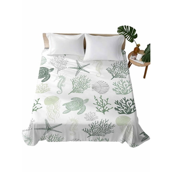 Sage Green Coastal Flat Sheet Only Twin Size, Soft Breathable Bed Top Sheets for Mattress, Nautical Summer Beach Coral Sea Turtle Luxury Bedding Flat Sheets for Home Hotel Bedroom Bed Protection
