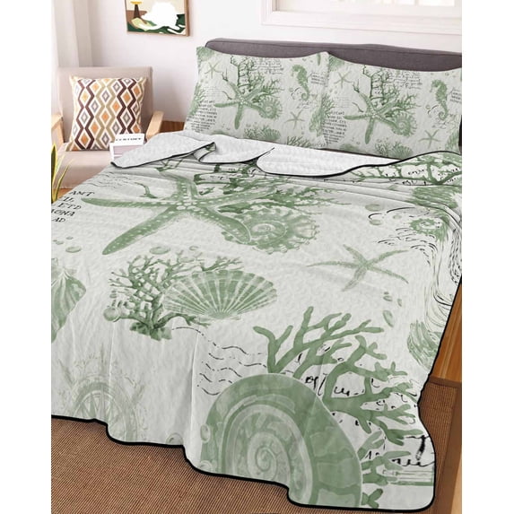 Sage Green Coastal Full Size Down Alternative Comforter, Lightweight Comforter Quilt Bedding Set with Pillow Shams Coral Starfish Nautical Compass All Seasons Bed Comforter Duvet Insert 78"x90"