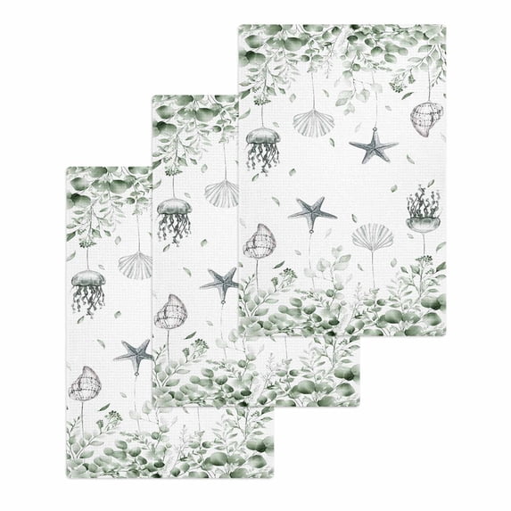 Sage Green Coastal Hand Towels Set,Waffle Weave Kitchen Towels 3Pcs,Summer Eucalyptus Leaves Beach Ocean Starfish Conch Microfiber Hair Face Bath Tea Towel Absorbent Cleaning Dish Cloths 15.7"x23.6"