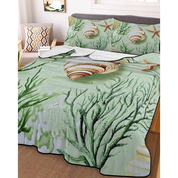 Sage Green Coastal King Size Down Alternative Comforter, Lightweight Comforter Quilt Bedding Set with Pillow Shams Summer Ocean Seaweed Shell All Seasons Bed Comforter Duvet Insert 96"x106"