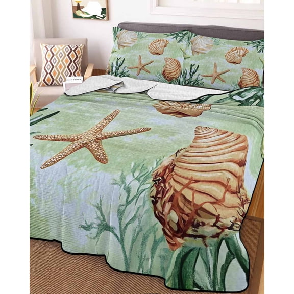 Sage Green Coastal King Size Down Alternative Comforter, Lightweight Comforter Quilt Bedding Set with Pillow Shams Summer Ocean Starfish Shell All Seasons Bed Comforter Duvet Insert 96"x106"