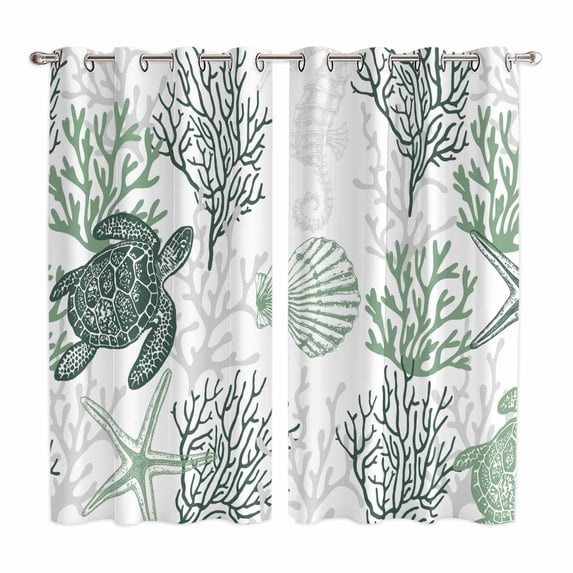 Sage Green Coastal Kitchen Curtains 84 Inch Length, Sea Turtle Nautical Coral Summer Beach Grommet Top Bedroom Living Room Curtains, Light Filtering Cafe Curtain Drapes 2 Panels Set 104''x84''
