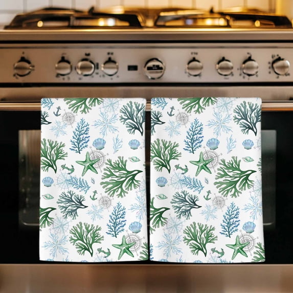 Sage Green Coastal Kitchen Towels Set of 1, Coral Starfish Seaside Summer Beach Absorbent Dish Towels for Kitchen, Microfiber Hand Towel, Quick Drying Tea Towel for Cleaning Decorative Dishcloths
