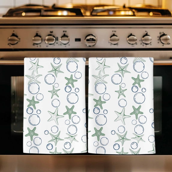 Sage Green Coastal Kitchen Towels Set of 1, Starfish Nautical Ocean Sea Wooden Absorbent Dish Towels for Kitchen, Microfiber Hand Towel, Quick Drying Tea Towel for Cleaning Decorative Dishcloths
