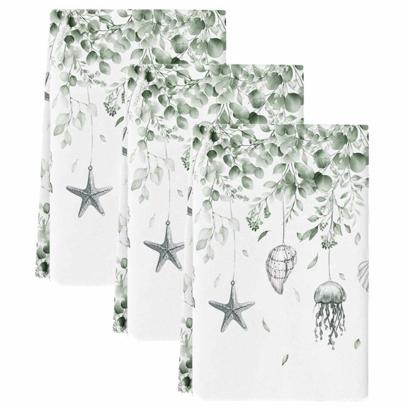 Sage Green Coastal Kitchen Towels Set of 3,Absorbent Microfiber Dish Tea Towels with Hanging Loop,Summer Eucalyptus Leaves Beach Ocean Starfish Conch Hand Towel for Home Kitchen Cleaning 18"x28"