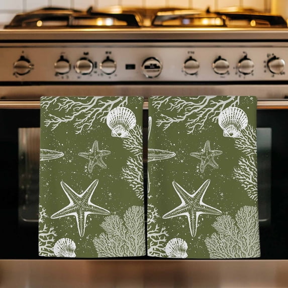 Sage Green Coastal Kitchen Towels Set of 3, Starfish Coral Summer Beach Ocean Absorbent Dish Towels for Kitchen, Microfiber Hand Towel, Quick Drying Tea Towel for Cleaning Decorative Dishcloths