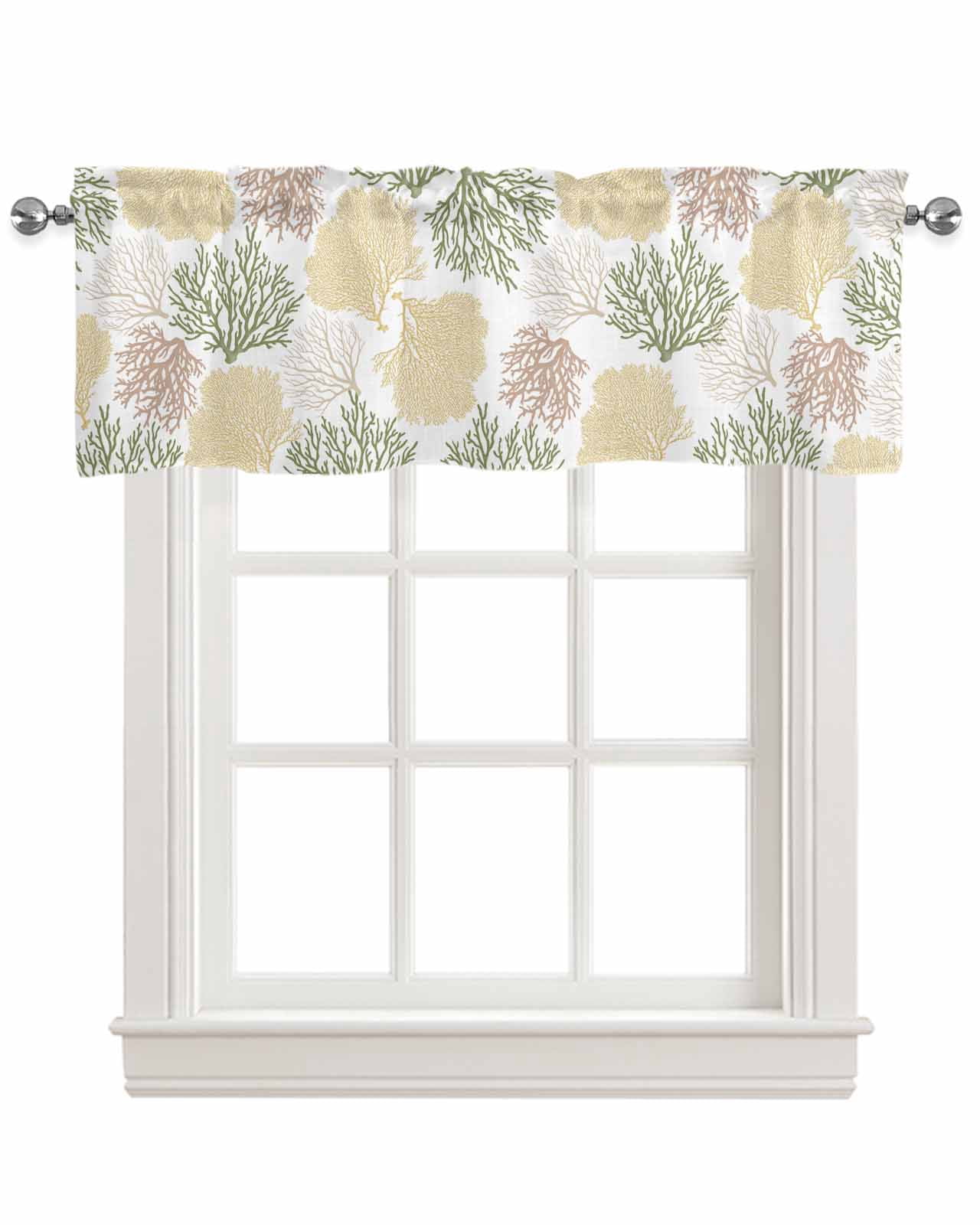 Sage Green Coastal Kitchen Valances for Windows Farmhouse Linen Window Valance Curtain for Living Room Window Treatment Coral Ocean Marine Modern Sea Valance Rod Pocket Topper Drape, 54 x 18 Inch