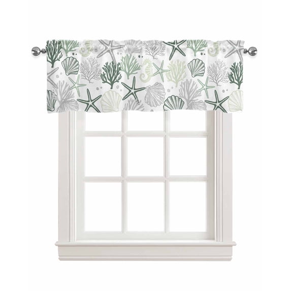 Sage Green Coastal Kitchen Valances for Windows Farmhouse Linen Window Valance Curtain for Living Room Window Treatment Grey Ocean Starfish Shell Seahorse Valance Rod Pocket Topper, 60 x 18 Inch