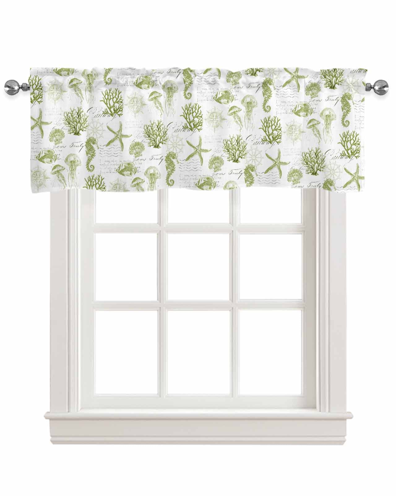 Sage Green Coastal Kitchen Valances for Windows Farmhouse Linen Window Valance Curtain for Living Room Window Treatment Starfish Jellyfish Fish Coral Shells Valance Rod Pocket Topper, 60 x 18 Inch