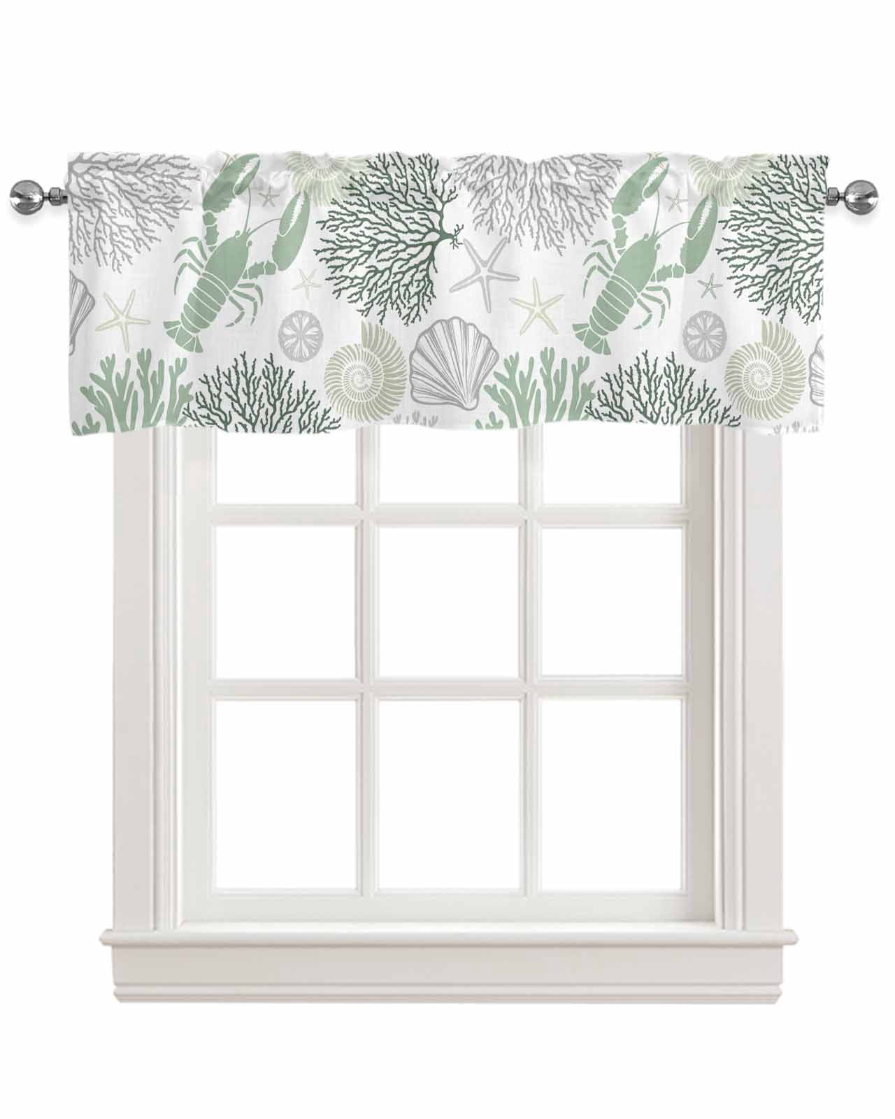 Sage Green Coastal Kitchen Valances for Windows Farmhouse Linen Window Valance Curtain for Living Room Window Treatment Summer Lobster Coral Nautical Valance Rod Pocket Topper Drape, 42 x 18 Inch