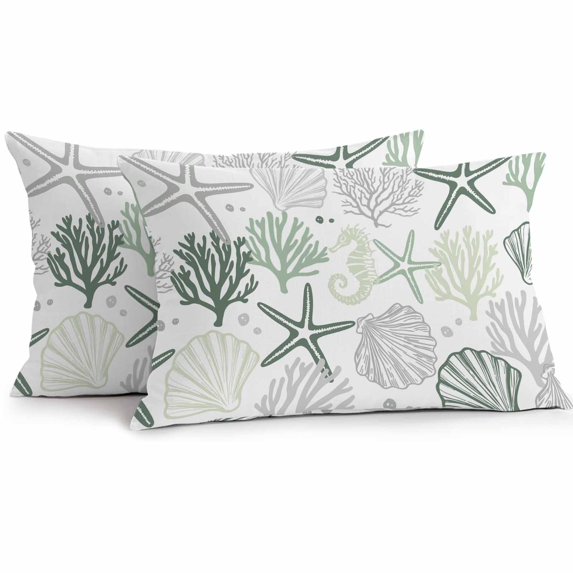 Sage Green Coastal Outdoor Pillow Covers, Waterproof Decorative Throw Pillowcases Set of 2, Summer Beach Starfish Coral Nautical Couch Cushion Cases with Zipper for Outside Patio Garden Sofa 20"x12"