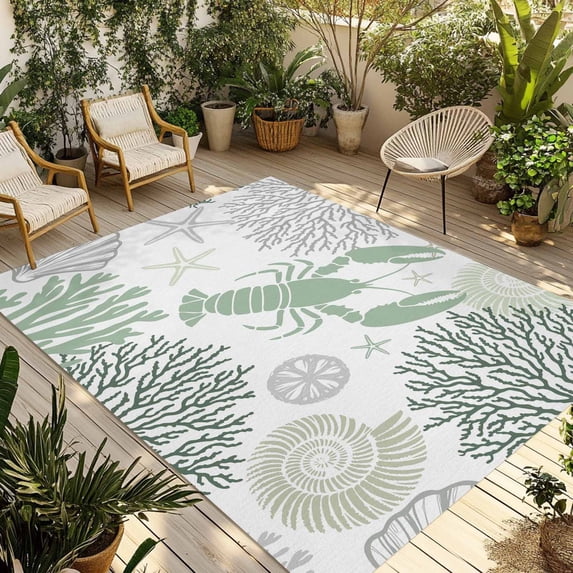 Sage Green Coastal Outdoor Rug 5x7 Ft - Reversible Patio Rug Outdoor Camping Rugs, Summer Lobster Coral Nautical Washable Indoor Outdoor Area Rugs, Non-Slip Outdoor Carpet Runner for Deck/Porch