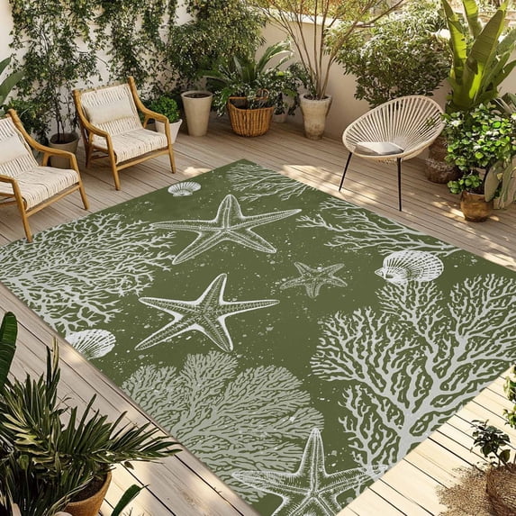 Sage Green Coastal Outdoor Rug for Patio/Deck/Porch, Non-Slip Large Area Rug 5 x 8 Ft, Starfish Coral Summer Beach Ocean Indoor Outdoor Rugs Washable Area Rugs, Reversible Camping Rug Carpet Runner