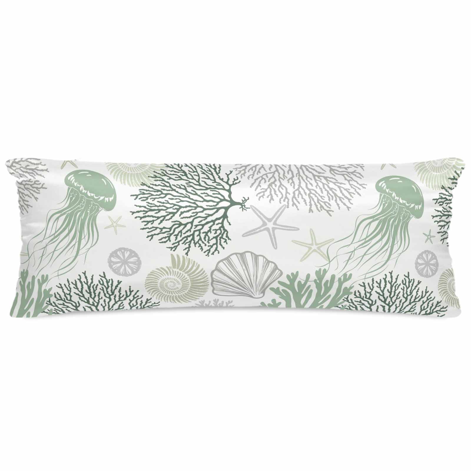 Sage Green Coastal Pillow Cases Body Size, Smooth Satin Pillowcase for Hair and Skin, Coral Jellyfish Nautical Decorative Cooling Bed Pillow Covers with Zipper, 20x54 Inches