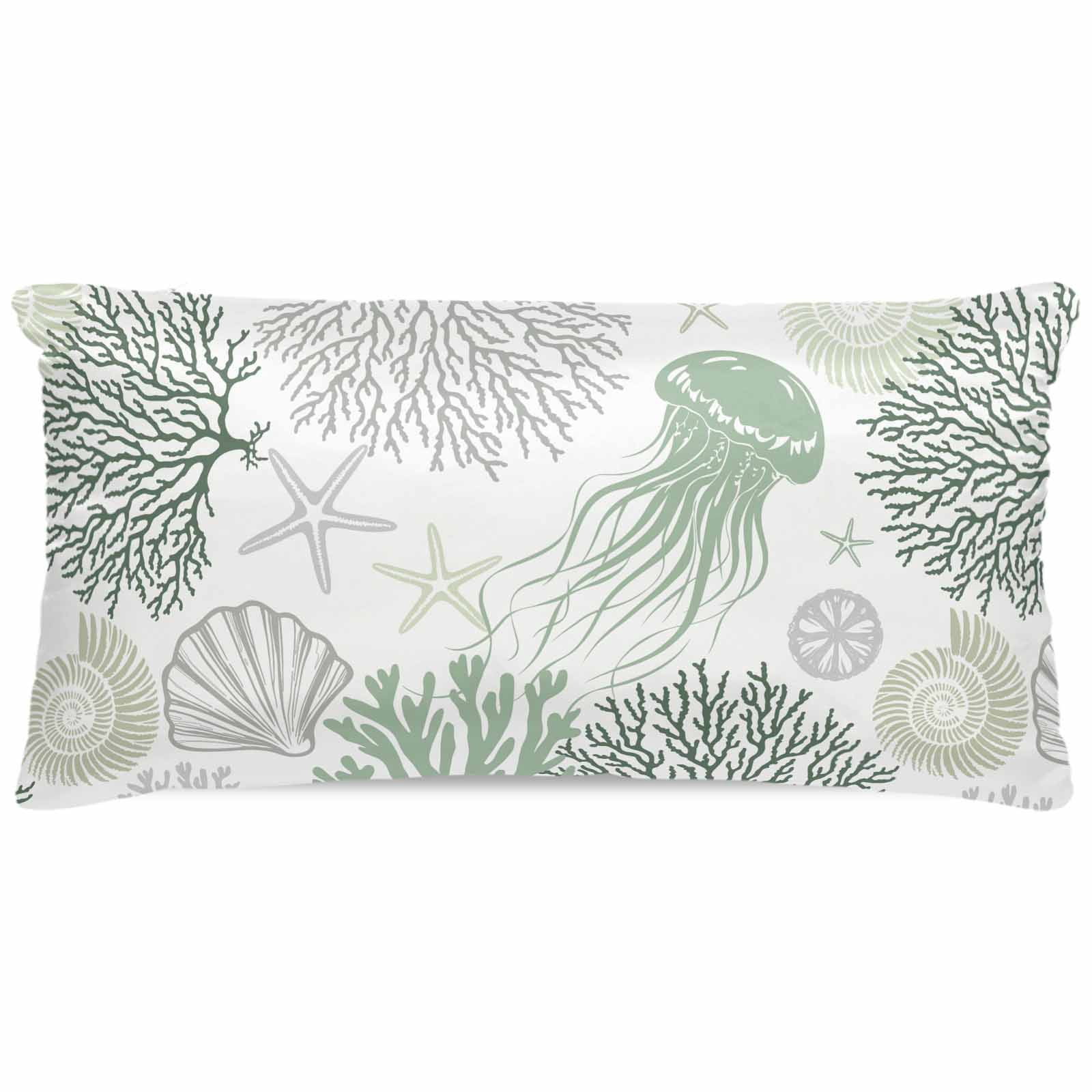 Sage Green Coastal Pillow Cases Cal King Size, Smooth Satin Pillowcase for Hair and Skin, Coral Jellyfish Nautical Decorative Cooling Bed Pillow Covers with Zipper, 20x40 Inches
