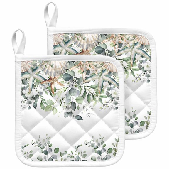 Sage Green Coastal Pot Holders for Kitchen Heatproof Potholder, 2 Pack Spring Eucalyptus Leaves Hot Pads Multipurpose Oven Pads Cloth Potholders Trivet for Cooking and Baking