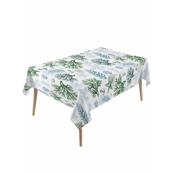 Sage Green Coastal Rectangle Tablecloth, Coral Starfish Seaside Summer Beach Waterproof & StainResistant Tablecloth, Washable Oil-proof Table Cover for Dining/Party/Wedding/Camping/Buffet 54x108 In