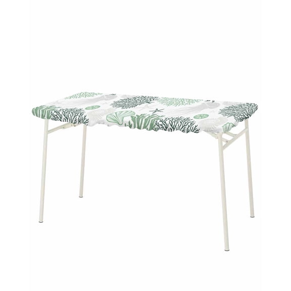 Sage Green Coastal Rectangle Tablecloth, Waterproof Elastic Fitted Table Covers for 8 Foot Tables, 32x96inch Decorative Tablecloths for Picnic, Camping, Indoor, Outdoor, Coral Grey Jellyfish Nautical