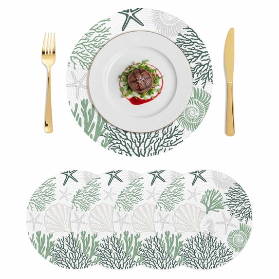 Sage Green Coastal Round 13 Inch Placemats Set of 4, Ocean Coral Starfish Shell Seahorse HeatResistant Non Slip Place Mats for Dining Table, Wipeable Braided Kitchen Table Mats for Housewarming