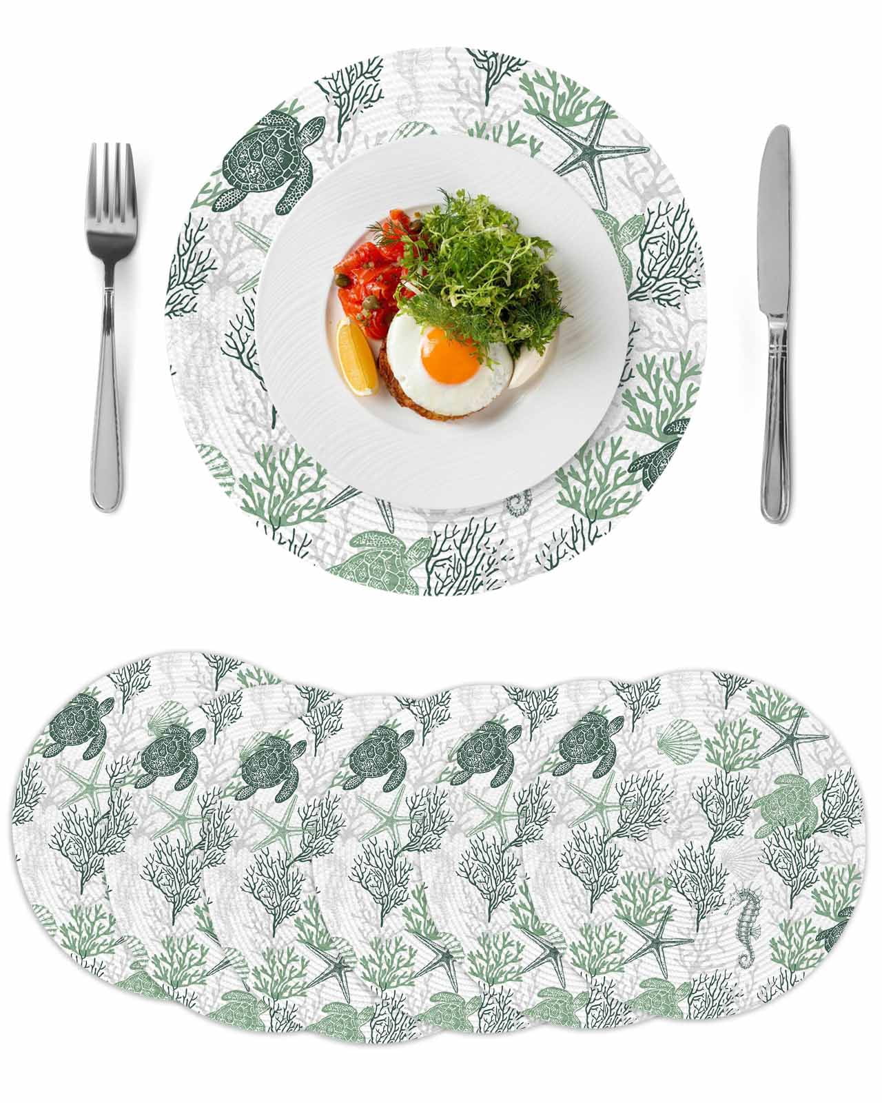 Sage Green Coastal Round 13 Inch Placemats Set of 6, Sea Turtle ...